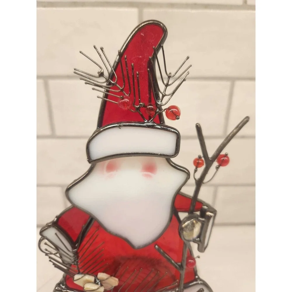 Santa Claus With Twig Berries Stained Glass Tealight Or Votive Candle Holder‎